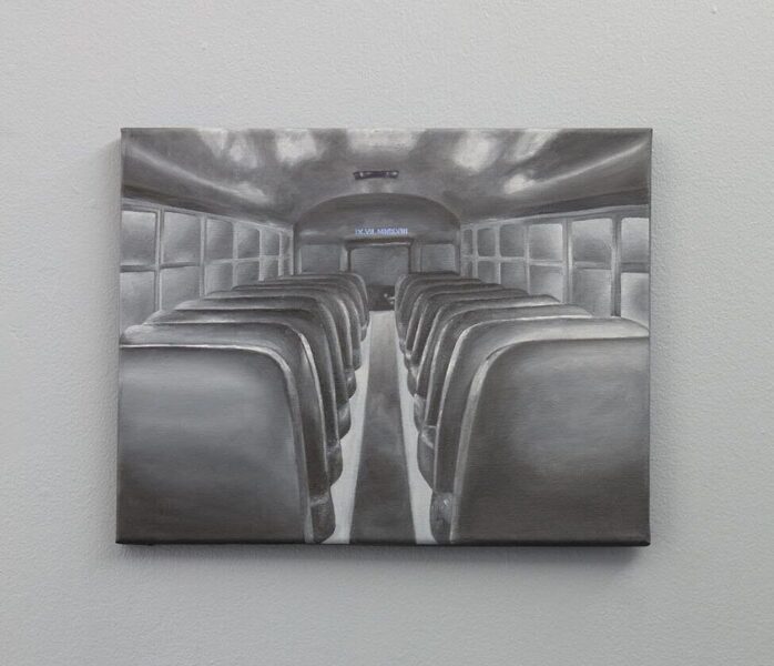 A greyscale painting by Viviann Lu of the interior of a school bus.