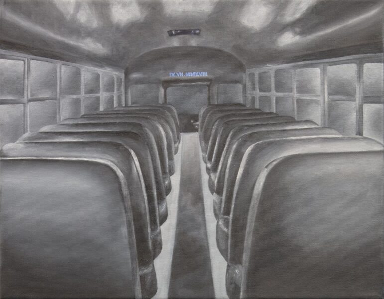 A painting made with different shades of grey and white. The painting shows an empty bus with rows of seats and windows on each side.