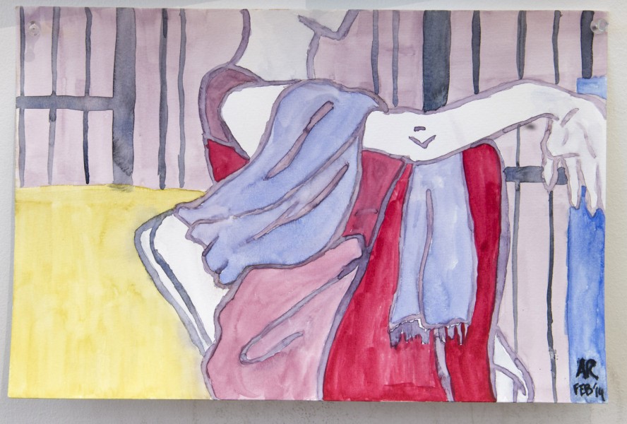 A watercolor painting illustrates a person wearing a redshirt in a room with a yellow shelf and a violet wall. The person has a couple of clothes hanging on her arm