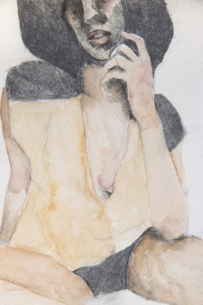 A watercolor portrait of a woman sitting on a surface with legs spread and one leg is bent, one hand is supporting her body on the side behind the bent leg, and with the other hand is playing with her hair, is wearing a yellow shirt with a deep cleavage and black pants and has black hair