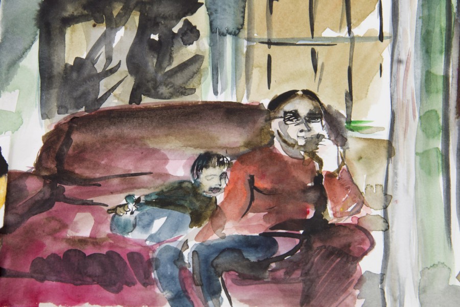 A watercolor painting illustrating a parent whit their child on a red couch in the living room with a big window on the right part of the background
