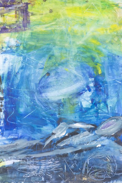 Abstract painting made with color splashes, lines, and curved shapes with colors including yellow, green, blue, and black
