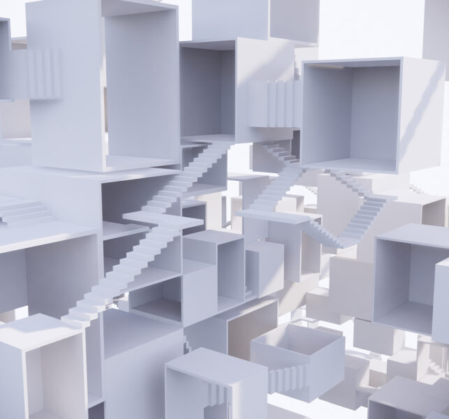 A 3D rendering of various sized white boxes on several layers connected by white staircases.