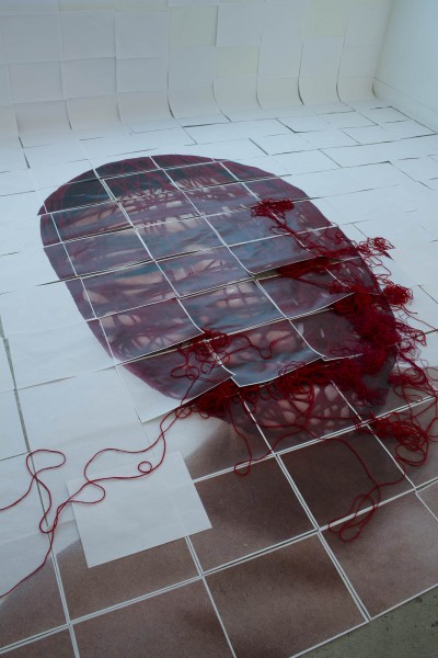 A view of a portrait composed from smaller square pieces of printed papers lay on the ground. The head of the person is covered with red thread.