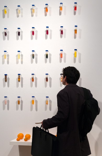 A person looks at different colored lab recipients on the wall.