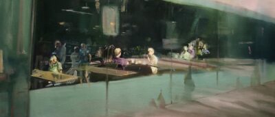 Green Painting by Xinyu Han. The paiting depicts a view from the exterior looking into a seated area. There are two figures seated at a table in the foreground. The are very little details in the facial expressions and the overall painting gives the effect of a blur. The foreground of the exterior is green and the background of the scene is a dark green.