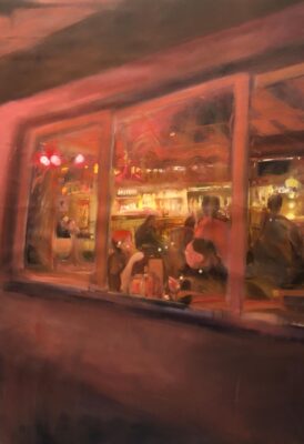 The painting shows people seated in a restaurant eating. The point of view is from the outside. The painting is made with different shades of red, orange, and black.