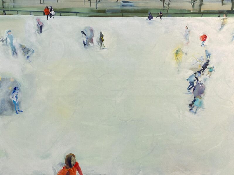A painting depicting people ice skating. The painting shows a large white expanse with a small strip of green grass in the background at the top of the painting. The people are painted as in motion.