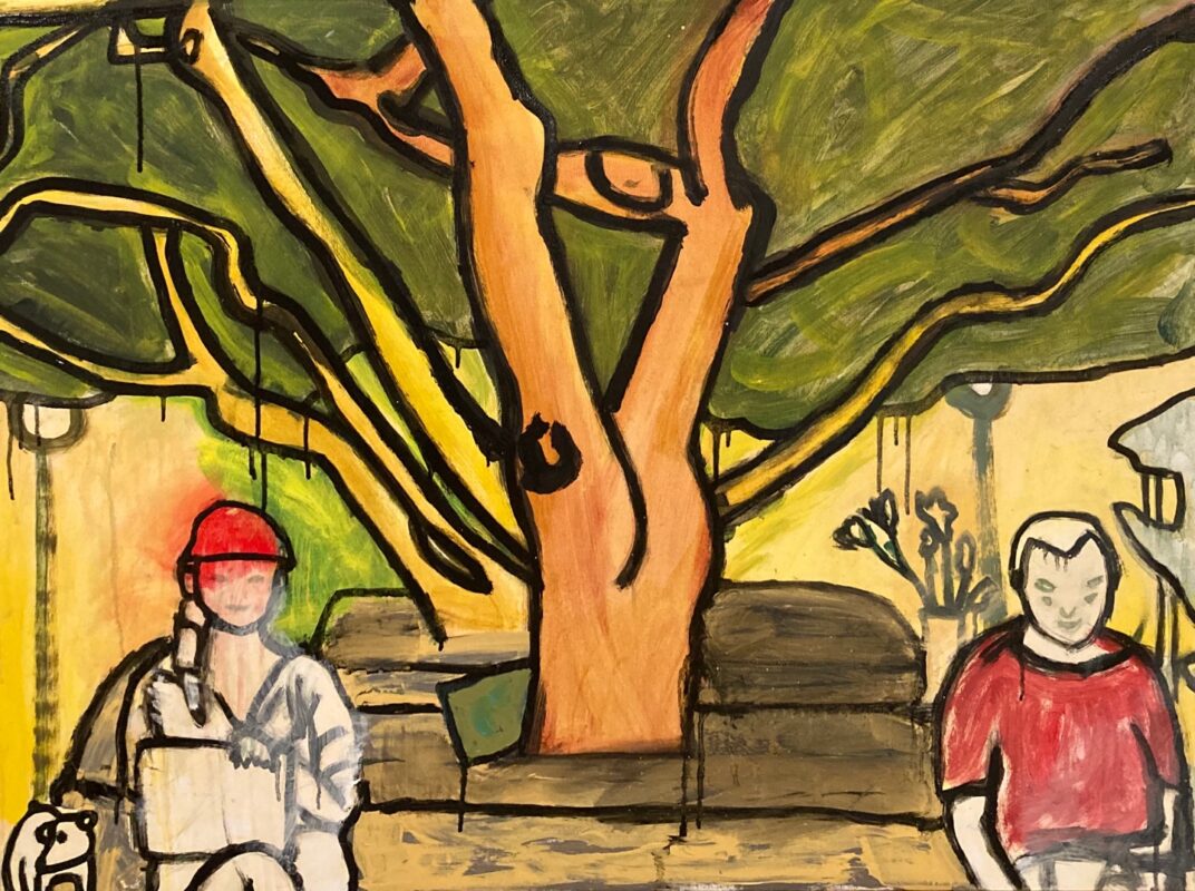 Have used lines to depict the space, with the recognition to the cylindrical shapes. I painted my friend Eric and his friend. I have gratitude in life so I depict still life as metaphor to that and also everyday life.