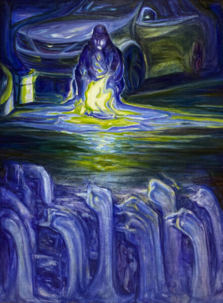 Oil painting in various shades of dark blue with yellow highlights of a seated figure in front of a car being observed by geese