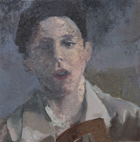 The painting represents a portrait of a person with short hair, red lips, and a white shirt, with the mouth slightly open to see the upper teeth. The backdrop behind the person is dark blue