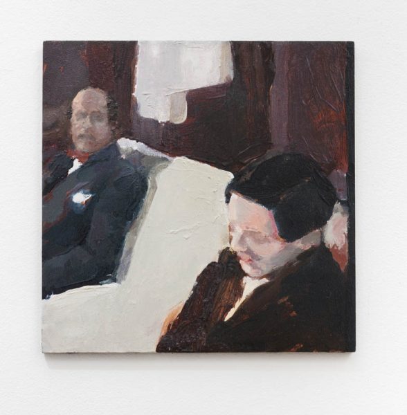 The painting represents two men in suits, one wearing a  red bow tie and a navy blue suit, sitting on the left side of a white couch looking at the other man who wears a black suit and a white shirt. They are in a room with a window behind the couch