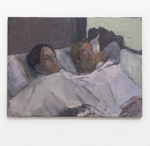 The painting represents a man and a woman lying in bed. The man is dressed in white, and the woman wears a dress. They sit with their heads on pillows