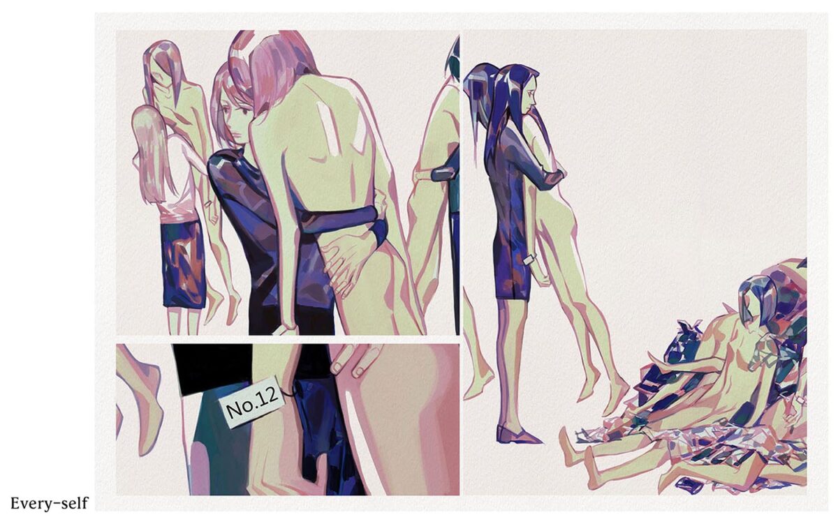 A drawing of a human picking up other figures that appear to be mannequins and putting them into a larger pile. The image is created out of three separate images.