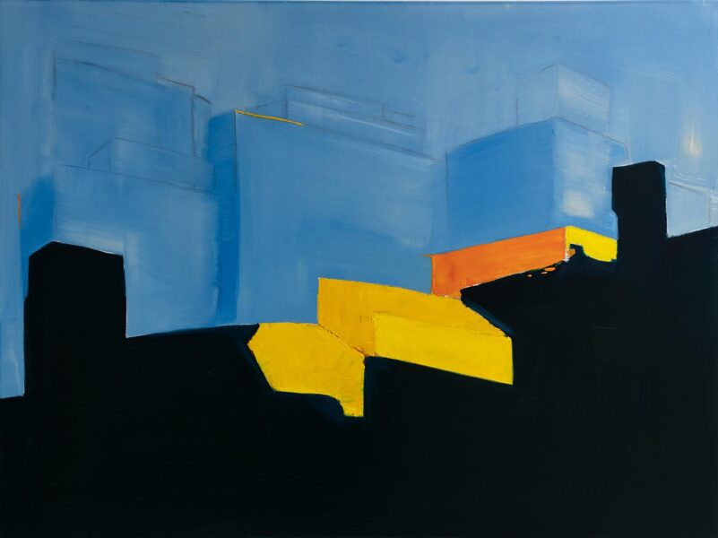 Abstract landscape painting with blue sky and black building foreground. with three yellow spotlit buildings.