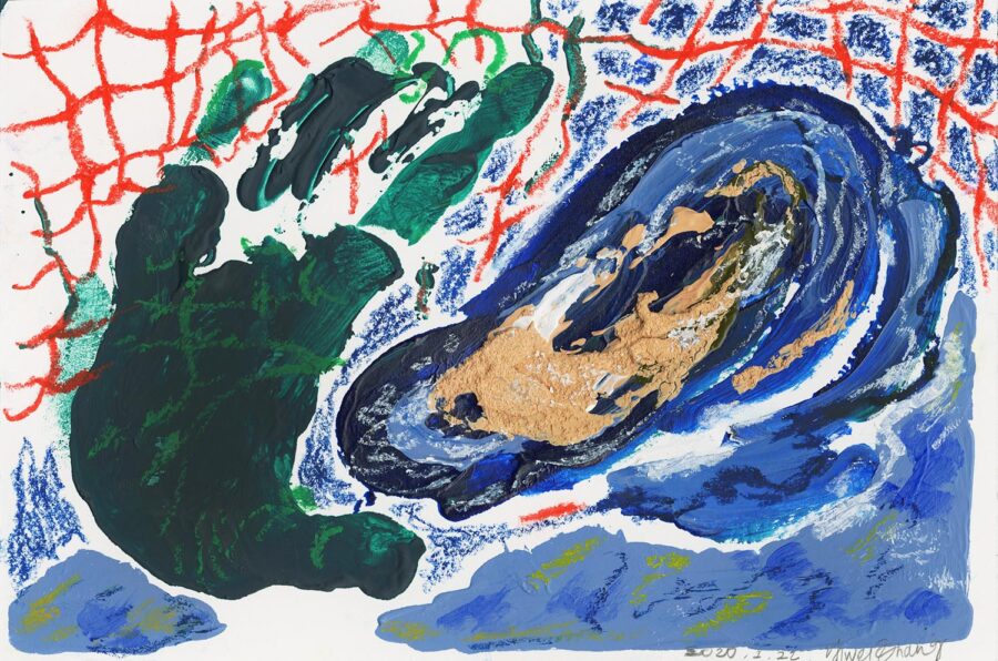 Yiwei Zhang, Untitled (oyster), 2020. Acrylic, oil pastel, graphite on paper, 6 x 9 inches.