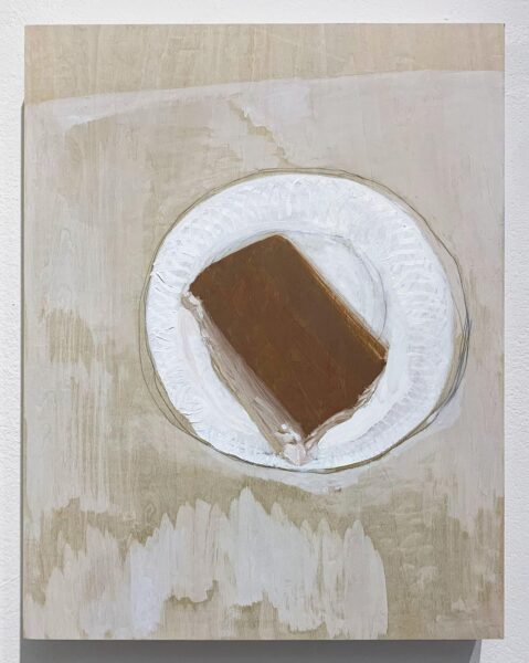 A piece of tiramisu is painted on a white circular plate in the center of the painting. The background has a faint white cast, while most of it exposes the wood underneath.