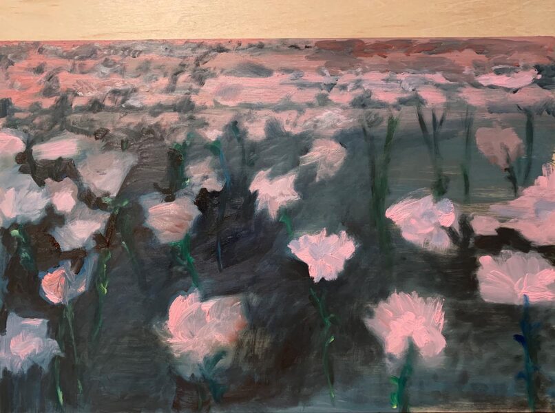 Yiyi Gu, Flowers, 2020. Oil paint on wood, 12 x 16 inches.