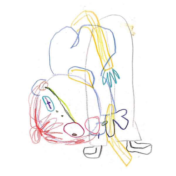 A colorful abstract drawing of a person bent in half at the waist.