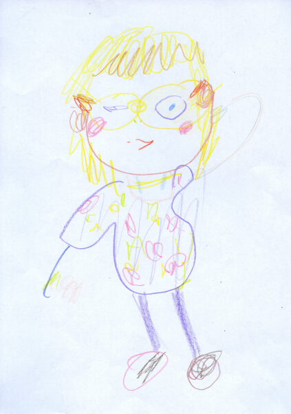 Colored pencil drawing that depicts a young girl in a a flowery shirt and purple pants. The figure is blonde and wearing glasses. The style is gestural, cartoonish, and childish.