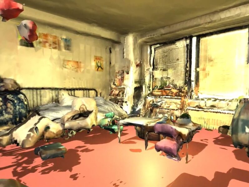 A screenshot showing a 3D digital scan of a cluttered room with curtained windows on the far wall, in shades of yellow and salmon orange.