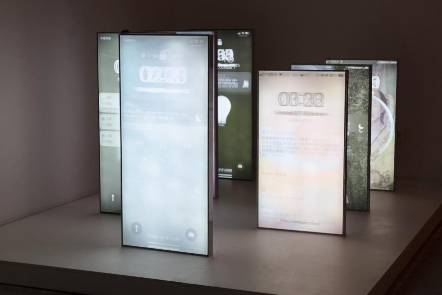 An artwork by Yuxuan An consisting of several digital prints on inkjet film installed in light boxes standing upright in a space.