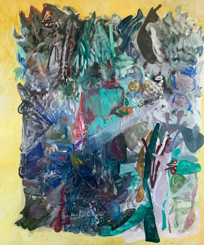 Abstract oil painting of predominately blues and greens against a light yellow parameter.