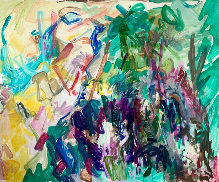 Abstract oil painting with overlapping and muddied line. Hints of line work and green color scale suggest an outdoor landscape.