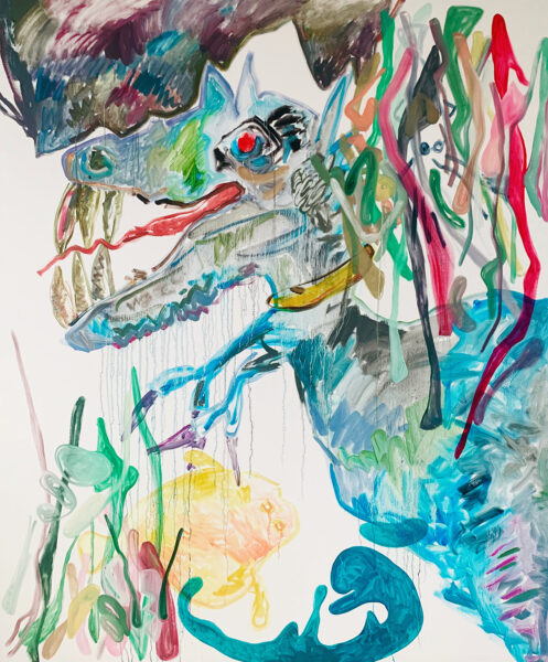 Oil painting of dragon or dinosaur against a white background but surrounded in bright colorful lines.