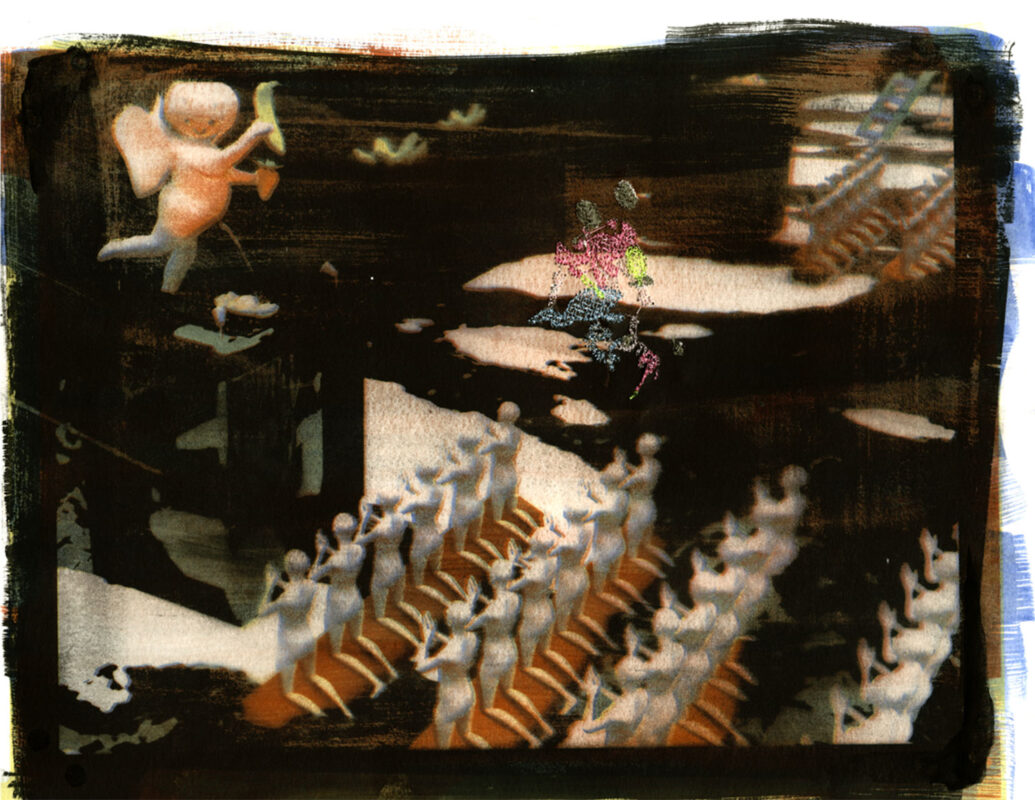 An abstracted view of different figures aligned along the bottom of the frame. In the top left appears to be a figure with wings floating in the background is a dark view of black and white. On the surface is some small embroidery.