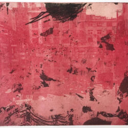 Photo - etching showing a yellowish red colored flooded city landscape with black abstract textures