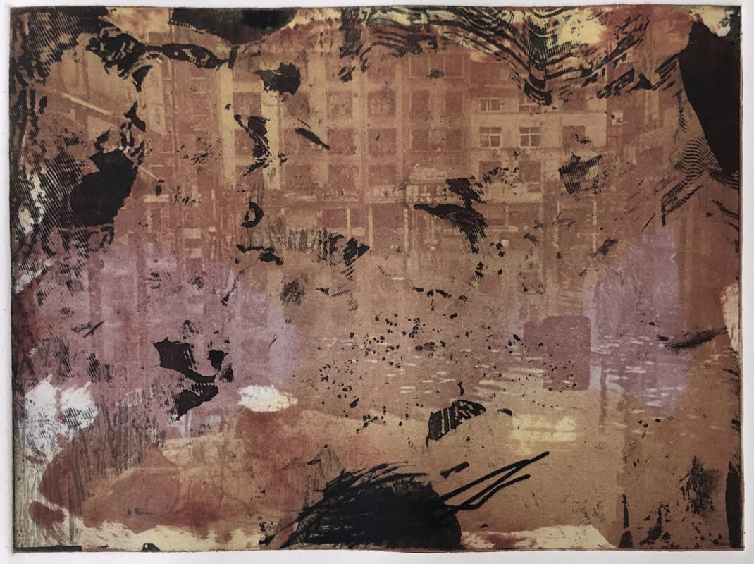 Photo - etching with brown color flooded city landscape and black abstract textures