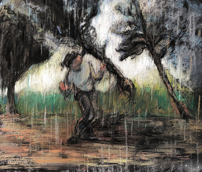 A pastel drawing of a person beneath and beside small trees with rain falling.