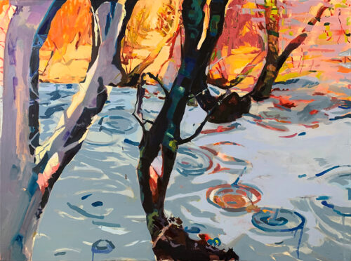 Bright and whimsical oil painting of an outdoor space of a flooded wooden landscape.