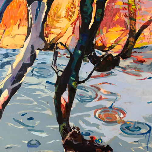 Bright and whimsical oil painting of an outdoor space of a flooded wooden landscape.