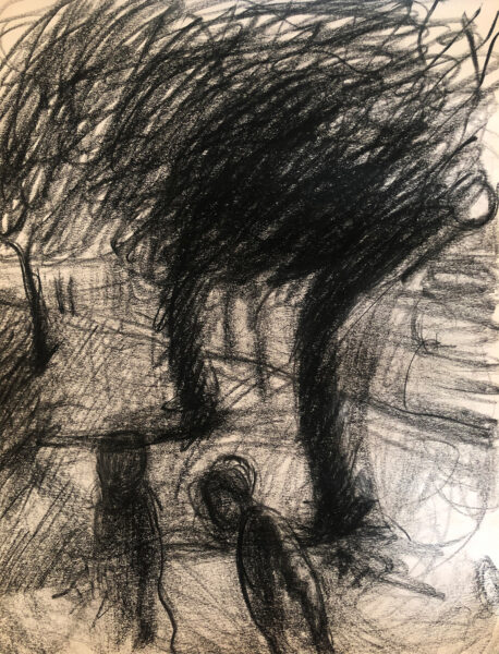 Abstract charcoal drawing of figures walking around an empty but tree-lined area.