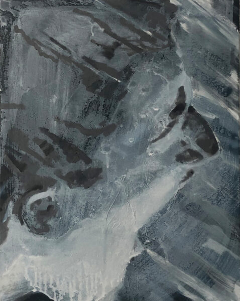 A painting showing the chin, left ear, mouth, and nose of a human head, viewed from below, rendered in shades of cool gray with strong diagonal lines.
