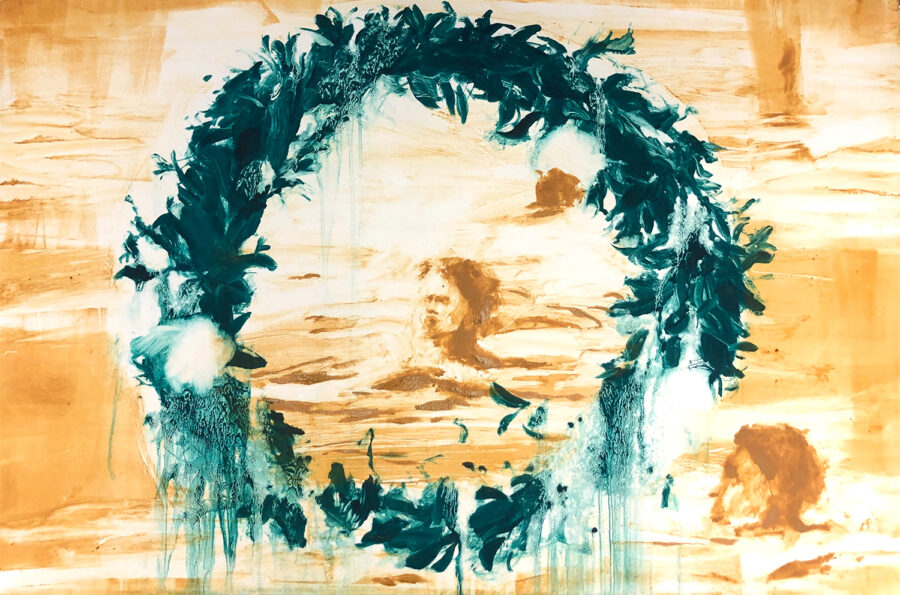 Monoprint with two colors: a soft sepia tone depicts two floating swimmers in water. The central figure is highlighted by a floating green wreath.