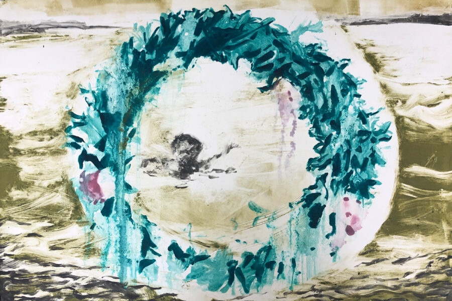 Monoprint with two colors: a soft sepia tone depicts two floating swimmers in water. The central figure is highlighted by a floating green wreath.