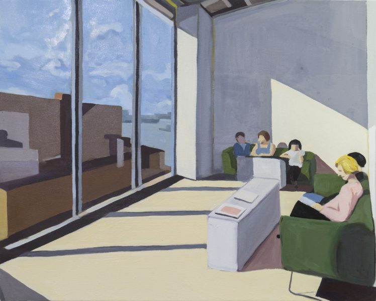 Painting of people in a waiting room facing a giant window the people are sitting on green couches and there are white pedestals in front of them, one lady in pink is reading a blue book