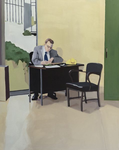 Painting of a man in a gray suit and navy blue tie sitting at a desk writing, there is an empty chair facing left in front of his desk, yellow walls, and a green door to the right