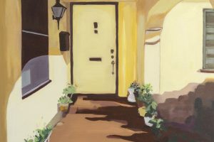 Painting of a front door/porch of a house, the house is yellow and the pathway is brown with potted plants on the sides