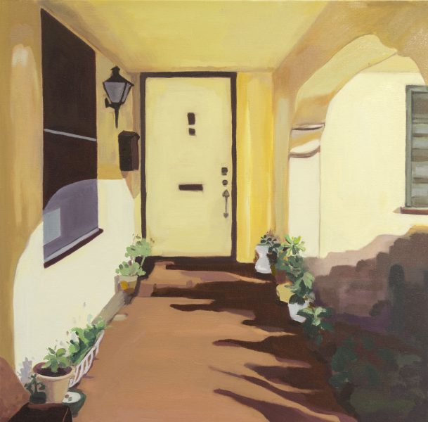 Painting of a front door/porch of a house, the house is yellow and the pathway is brown with potted plants on the sides