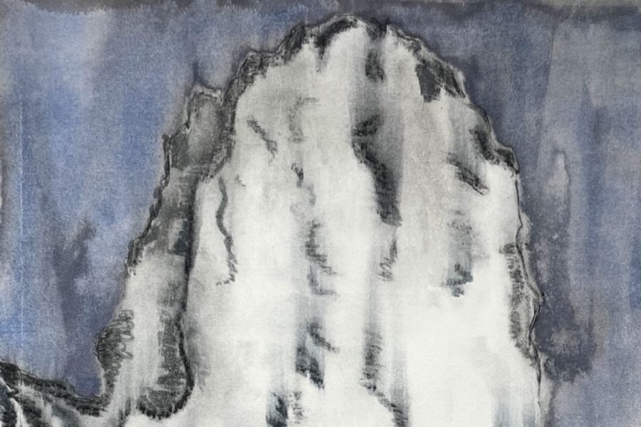 A detail of a print by Christopher Lochmann. The print has a large white patch in the center with black outlines and black markings across the surface. Along the top is a faded blue color.
