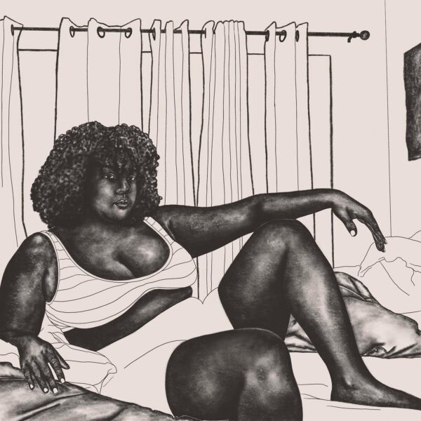 A graphite drawing by Tiffany Alfonseca showing a woman in a half-lying position on a bed in front of a window with blinds.