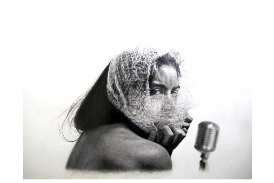 A graphite portrait drawing of a woman with a scarf over the head and covering her face, sitting with the back shoulder at the viewer, and she has a microphone in front of her