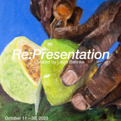 A poster advertisement for the show "Re:Presentation" at the SVA Flatiron Gallery. The poster shows a detail of a painting by Diana Torres with the event text information printed in white over the painting. The painting shows a pair of hands cutting open a chinola fruit.