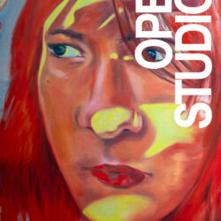 A poster advertisement for the Open Studios event for the Fall 2024 semester. The poster shows a detail of a painting by Lula GEORGIADIS. The painting is a human figure holding their hold up to shade from sunlight.