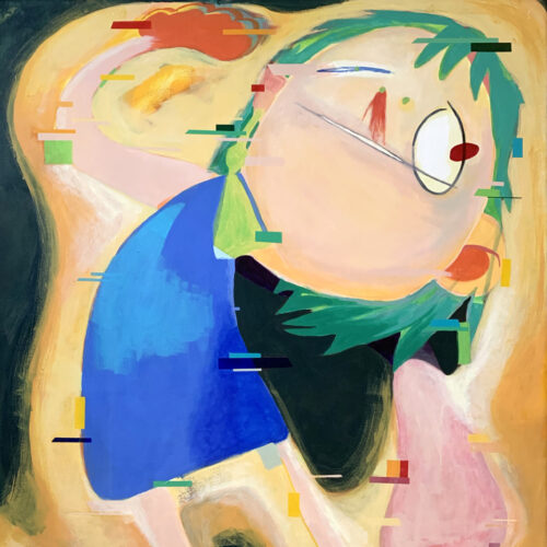 Painting by Yizhi Liu. Depicts a fictional figure with green hair and blue dress.