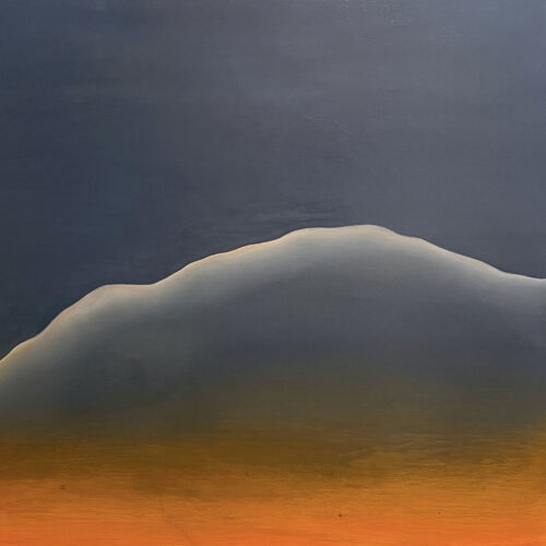 Oil painting of white linear mountain with blue and orange background colors